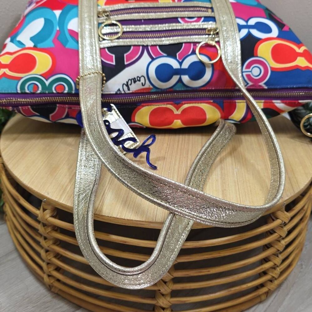 Coach Poppy Glam Tote Op Art Signature Multi-Color Jacquard Shoulder Bag Gold Le - Picture 11 of 14